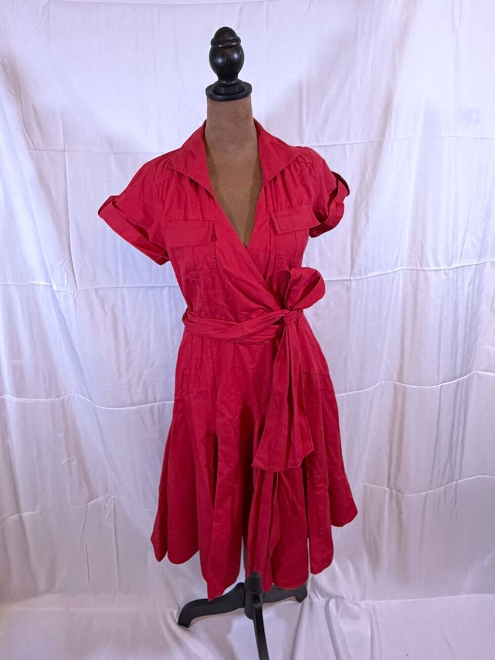 Joyce Leslie Red Wrap Dress Sz S Utility Pockets Tiered Ruffle Hem Y2K